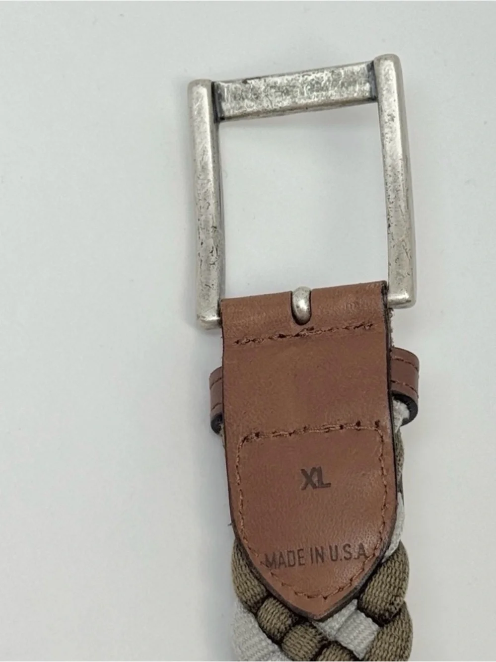 johnnie-O Braided Canvas Belt in Tan, Olive & White with Leather Trim